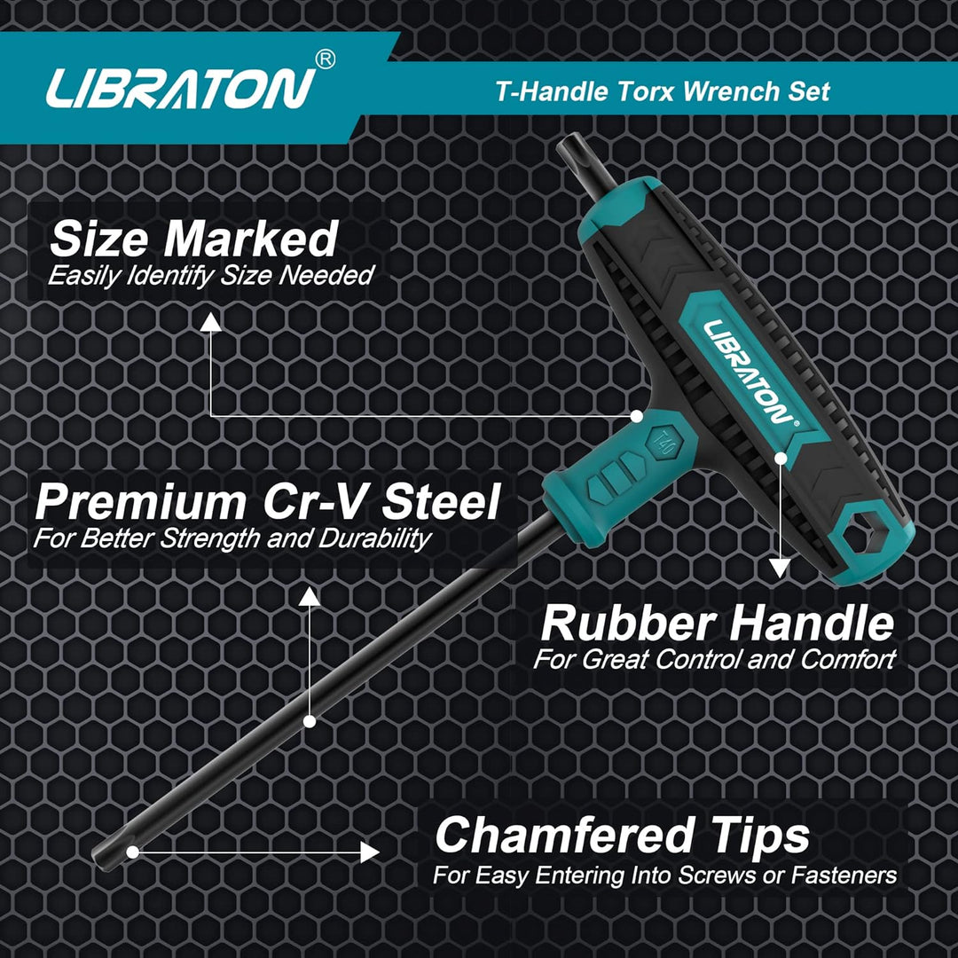LIBRATON T-Griff Schraubenschlüssel Satz 7tlg, Schraubendreher-Satz mit T-Griff, TX10-TX40, für Torx