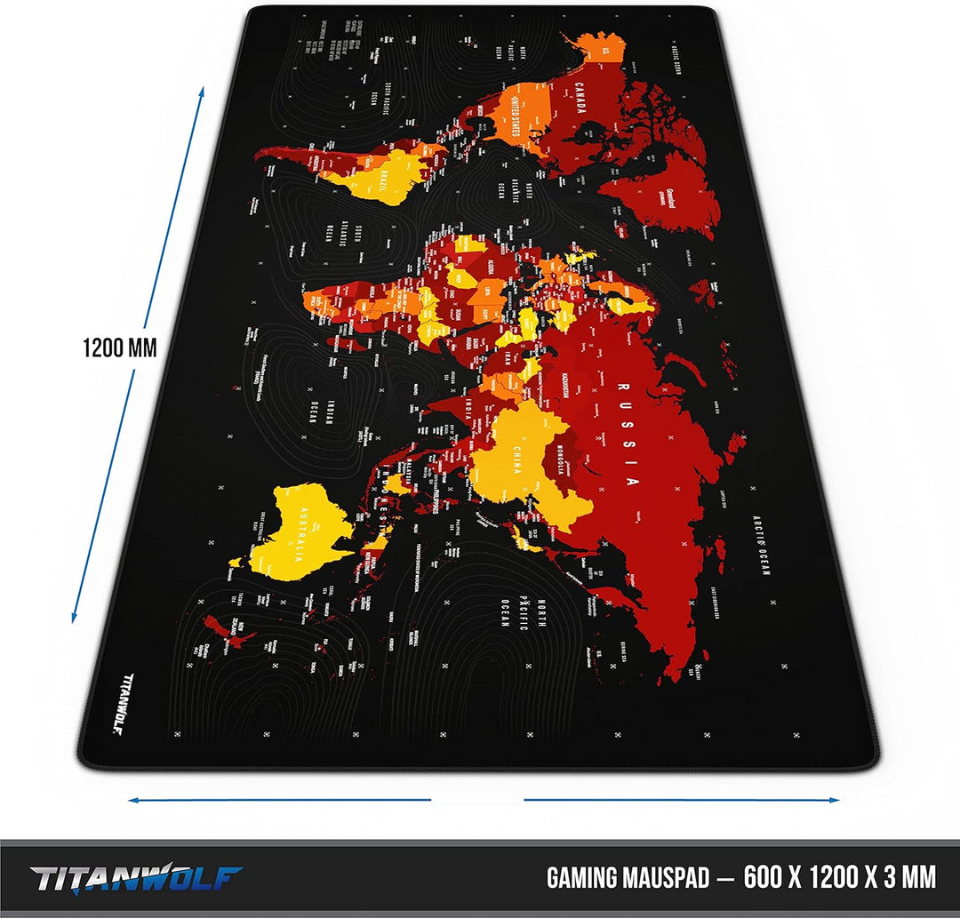 CSL - Übergrösse Mauspad Gaming Titanwolf 1200x600mm Weltkarte - XXXL Mousepad gross mit Motiv - Tis