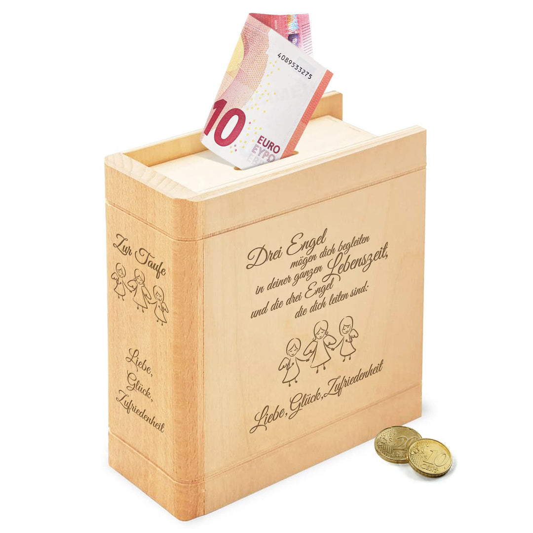 Casa Vivente Spardose aus Holz mit Gravur zur Taufe, Motiv Engel, Sparbüchse als Taufgeschenk für Mä
