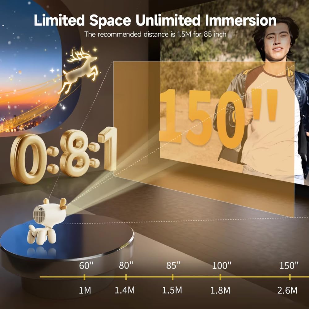 Mini Beamer 4K Unterstützt, Integrierte Apps Tragbarer Projektor mit WiFi 6 und Bluetooth 5.0, Autom