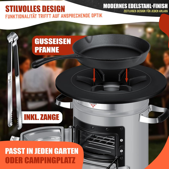 KESSER® Raketenofen Inkl. Grillpfanne aus Gusseisen mit Tragetasche, Dutch Oven BBQ Rakete Holzofen