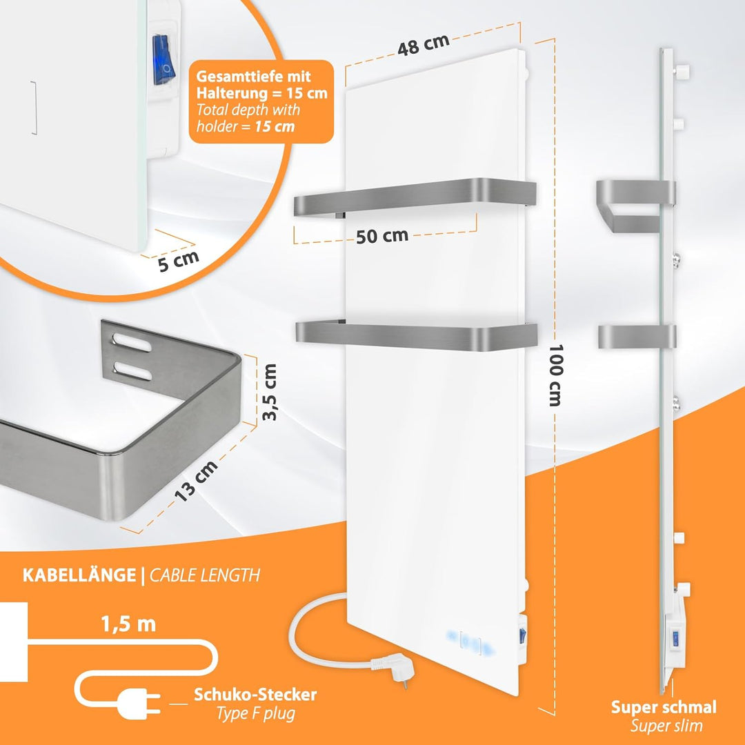 Infrarot Handtuchtrockner 48x100cm weiss Bad-Heizkörper mit Handtuchhalter aus Edelstahl, Infrarot-H