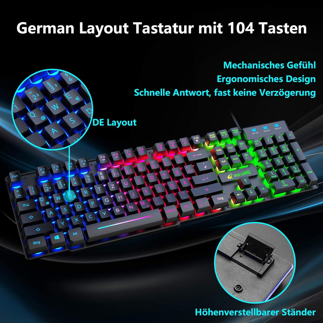 Gaming Tastatur und Maus mit Handballenauflage, QWERTZ Deutsches Layout Regenbogen LED Hintergrundbe