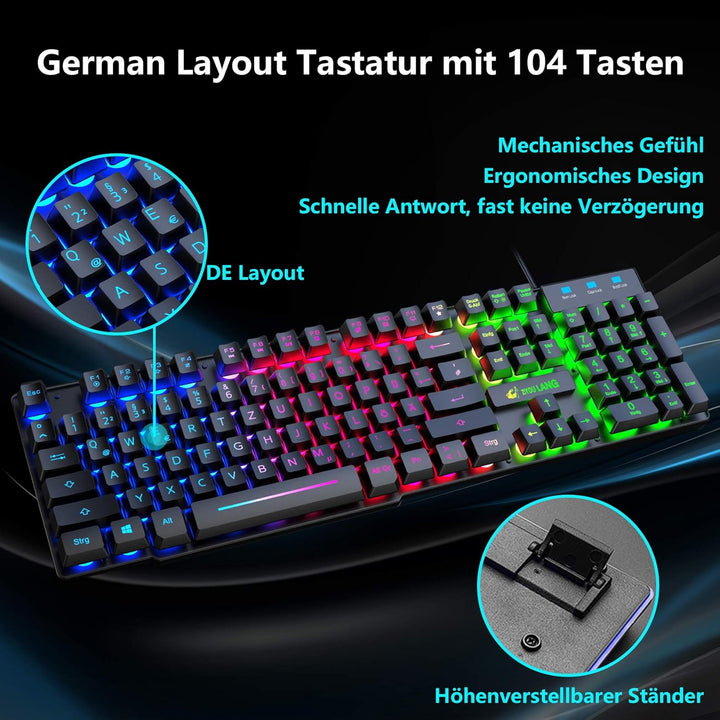 Gaming Tastatur und Maus mit Handballenauflage, QWERTZ Deutsches Layout Regenbogen LED Hintergrundbe
