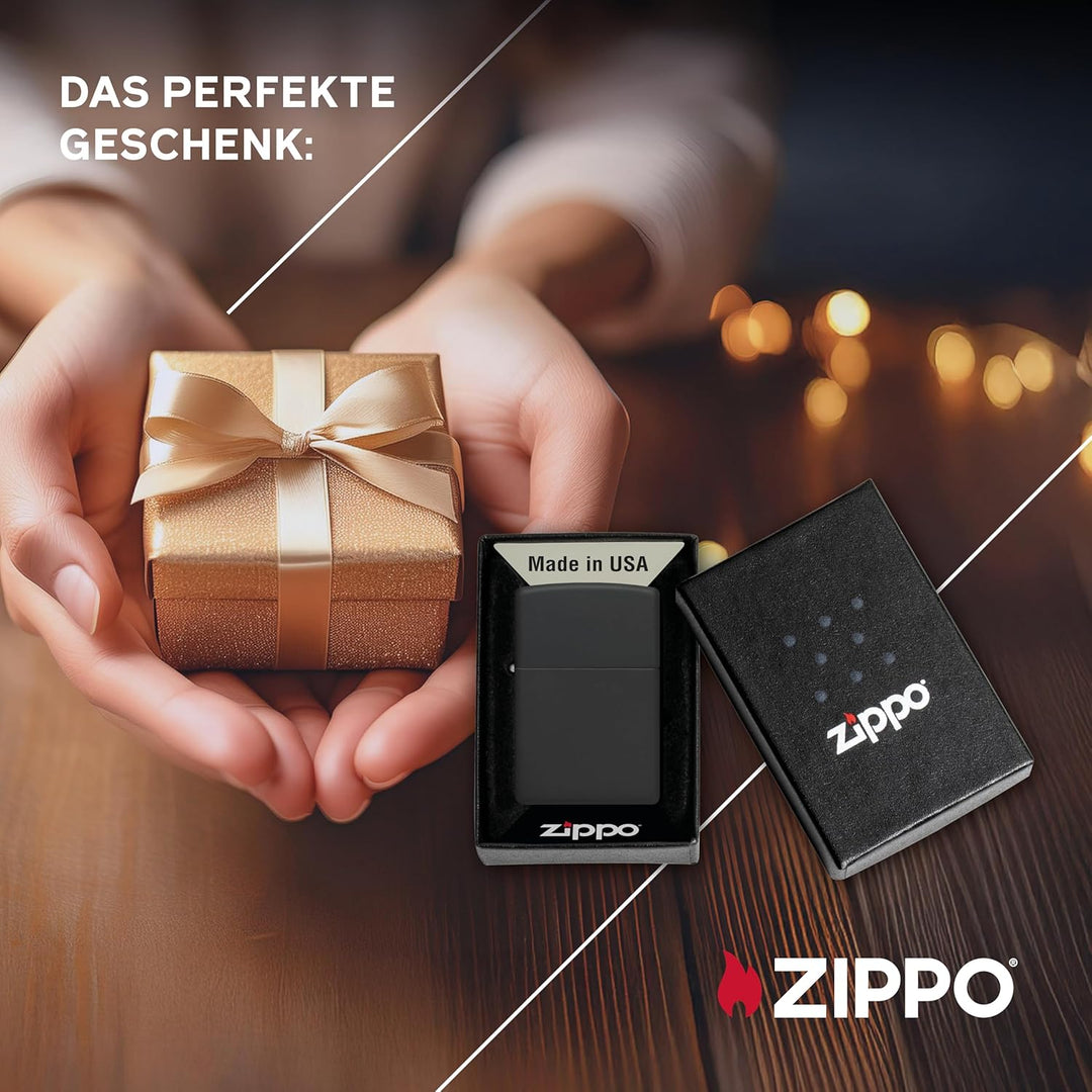 ZIPPO - Black Matte - nachfüllbares Sturmfeuerzeug in hochwertiger Geschenkbox (schwarz, Flammenmoti