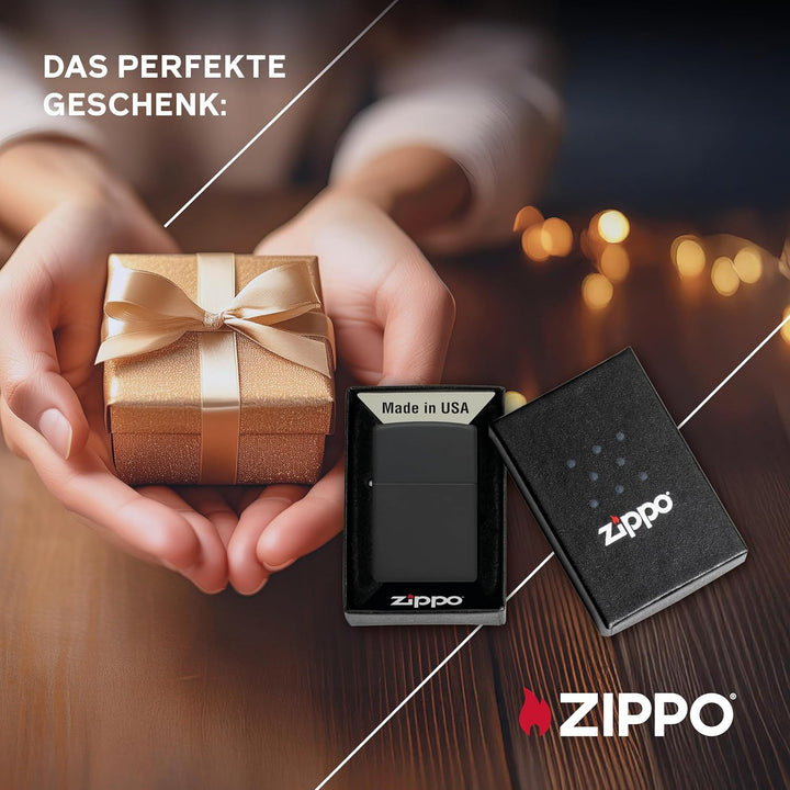 ZIPPO - Black Matte - nachfüllbares Sturmfeuerzeug in hochwertiger Geschenkbox (schwarz, Flammenmoti