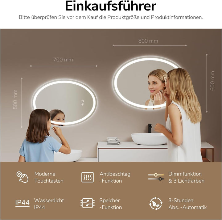 EMKE Badspiegel mit Beleuchtung oval 60x80cm, Badezimmerspiegel mit 3 Lichtfarben Dimmbar, Antibesch