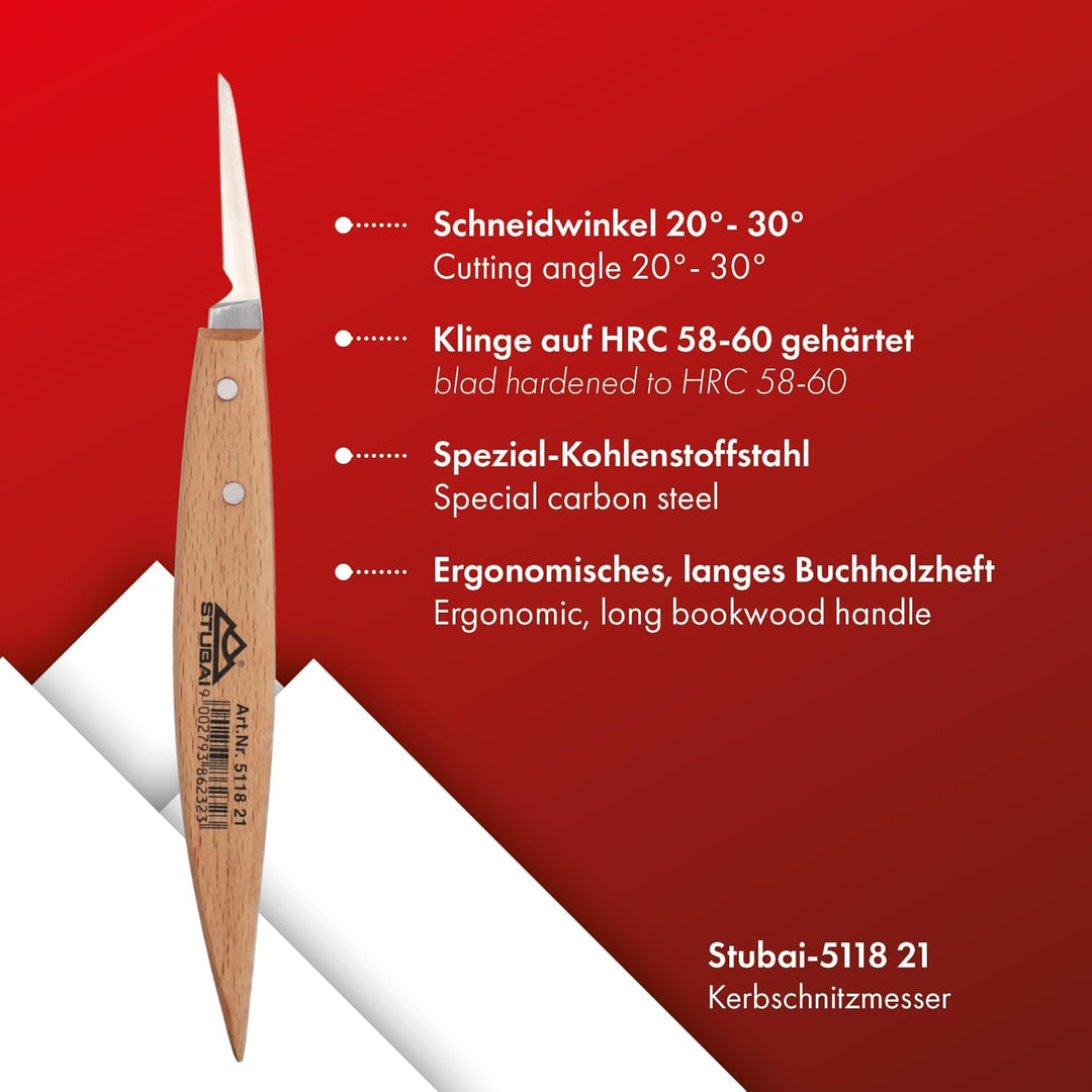 STUBAI Kerbschnitzmesser 45 mm | Kerbschnitzmesser mit Holzheft, extra scharf geschliffen, gerade Kl