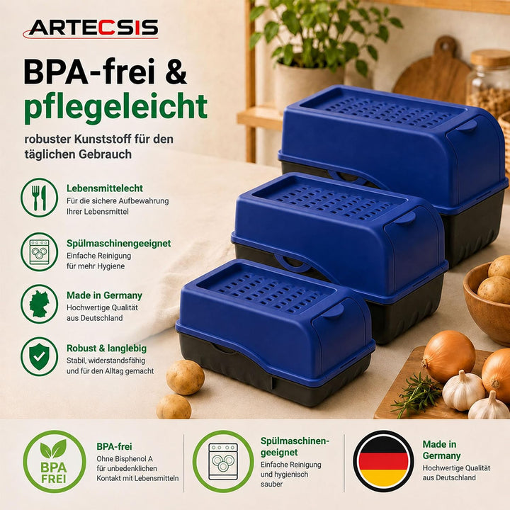 ARTECSIS® 3 x Kartoffel Aufbewahrungsbox mit Deckel für 4 kg Kartoffeln (königsblau) - Vorratsbehält