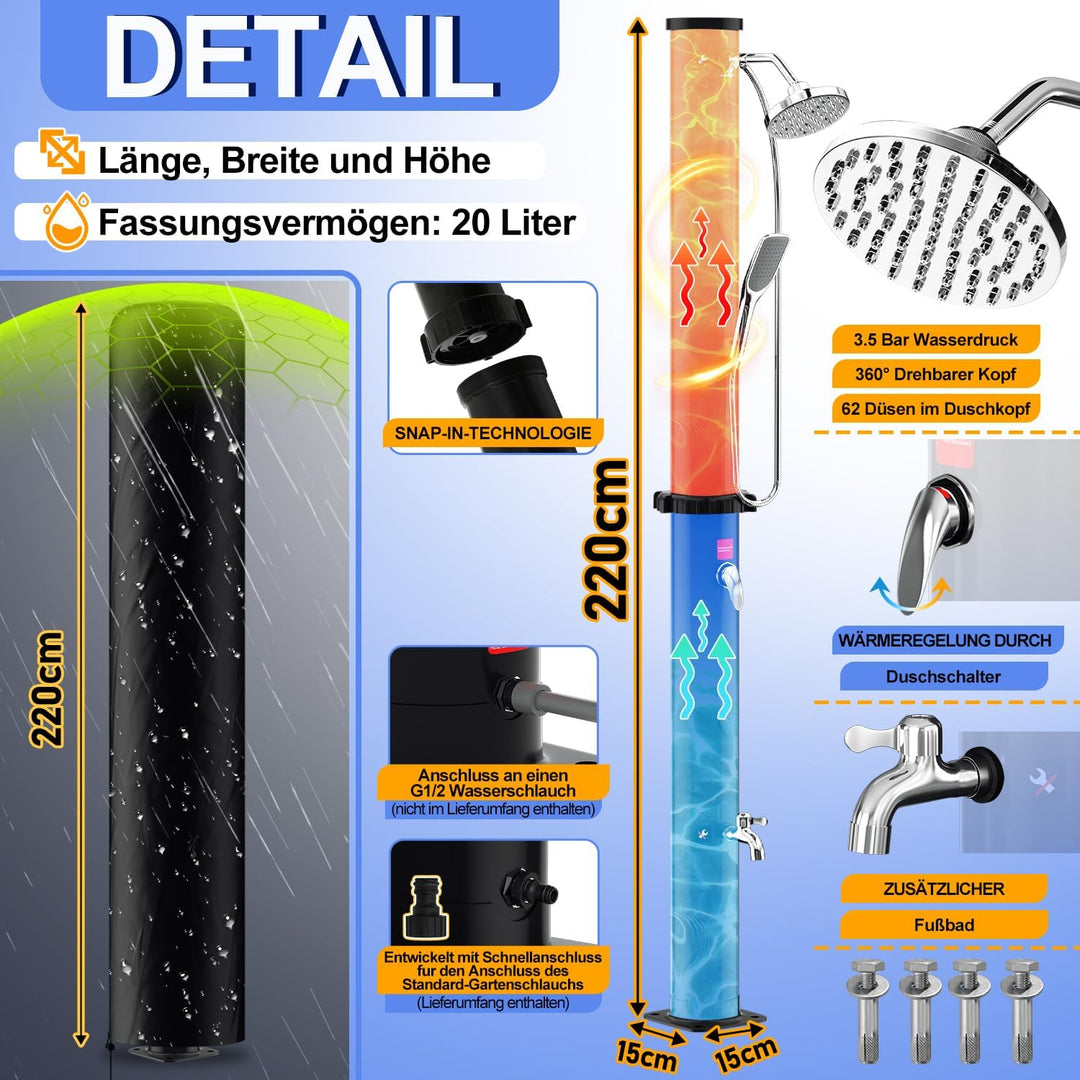 Herrselsam Solardusche 20L Solar Gartendusche warmes Wasser max. 60°C ohne Stromanschluss Pooldusche