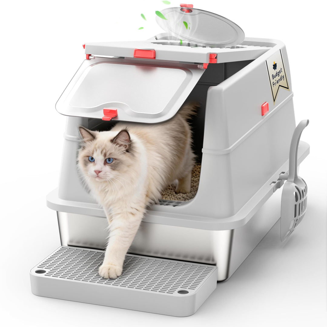 Edelstahl Katzenklo XXL aus V2A – 62 cm Geschlossene Katzentoilette mit 160° Klappdeckel, 3-in-1 Des