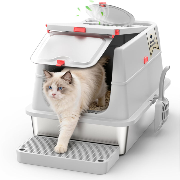 Edelstahl Katzenklo XXL aus V2A – 62 cm Geschlossene Katzentoilette mit 160° Klappdeckel, 3-in-1 Des