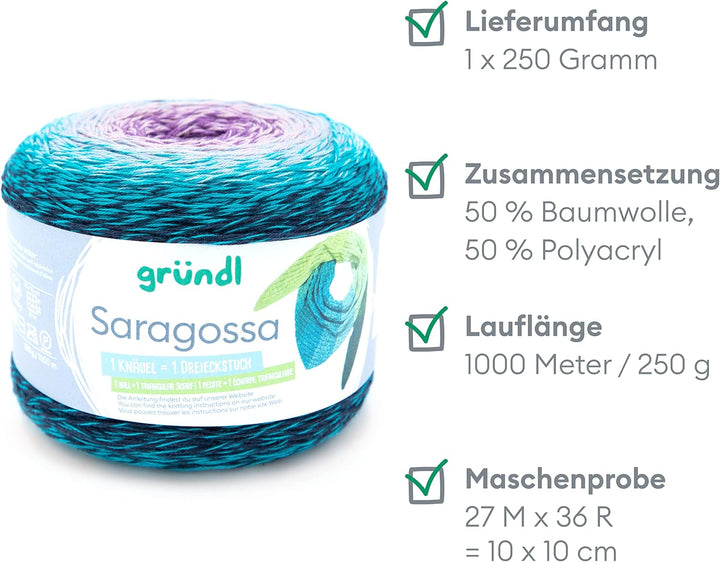 Gründl Wolle Saragossa (weiches Farbverlaufsgarn aus 50% Baumwolle und 50% Polyacryl, 250 g / 1000 m