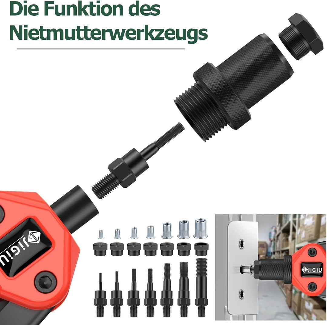 JiGiU Nietzange Set, 2 In 1 Nietmutternzange und Blindnietzange Set mit M3-M12 7 Art Metrische Dorne