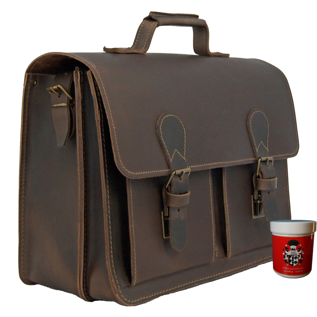 Freiherr von Maltzahn Aktentasche 8086-12, 42 cm, braun, Bio-Leder, Made in Germany + Lederpflege