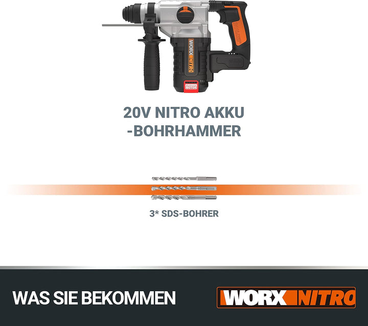 WORX NITRO WX380.9 Akku-Bohrhammer 20V - zum Bohren, Hammerbohren & Meisseln - bürstenloser Motor -