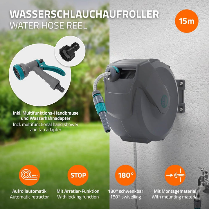 ECD Germany Schlauchaufroller 15m+1,5m, Schlauchtrommel, Wand-Schlauchbox RollUp mit Arretierstop un