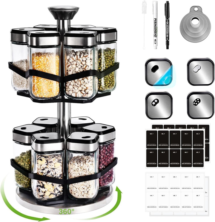 SIAZIH Gewürzregal Drehbar 2 Etagen mit 12 x 120ml Gewürzgläser, 360°-Uhr Lochgrösse wählen, 360° Ge