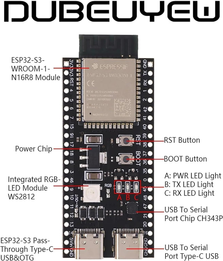 DUBEUYEW 3PCS ESP32-S3 ESP32-S3-DevKitC-1 N16R8 WiFi-Modul + 5.0 Bluetooth Internet Development Boar