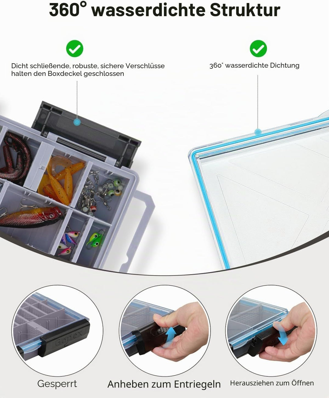 Gonex Köderboxen Angeln 2er-Pack, Wasserdichte Angelboxen mit Verstellbaren Fächern, Transparente Tr