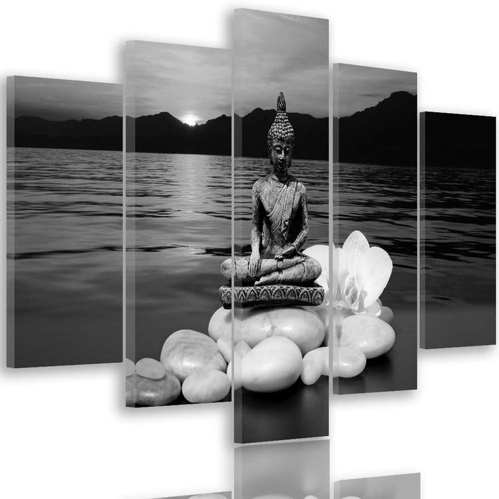 Feeby Leinwandbild 5 Teilig Buddha Bild Wanddeko Steine Blume See Schwarzweiss 200x100 cm Leinwandbi
