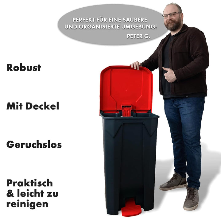 Floordirekt Mülleimer 50 Liter, roter Deckel, Abfalleimer für Küche und Büro, Mülltrennsystem, Tretm