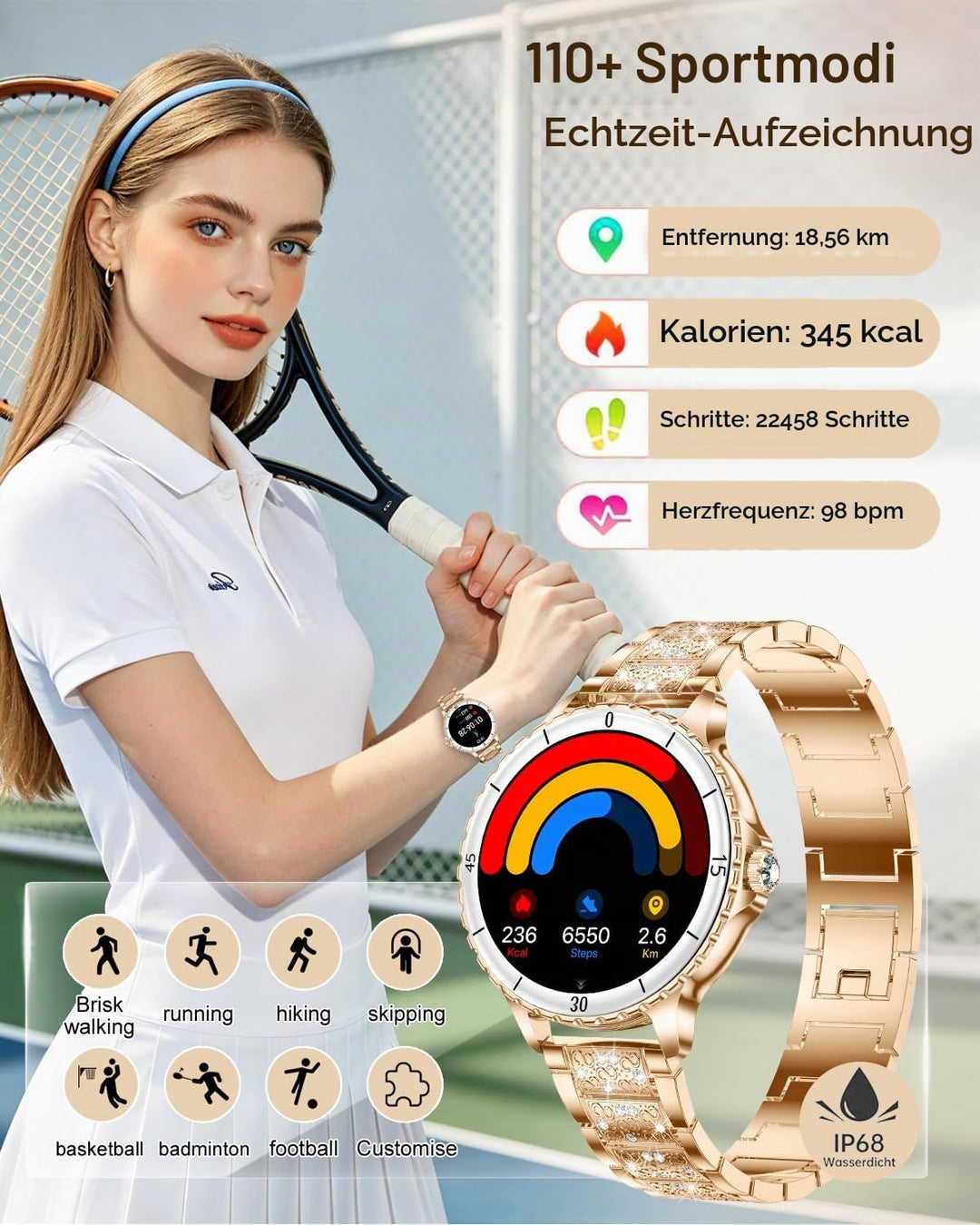 Smartwatch Damen mit Telefonfunktion, 1.27" Smart Watch Rund mit Diamantband für Android iOS, IP68 W