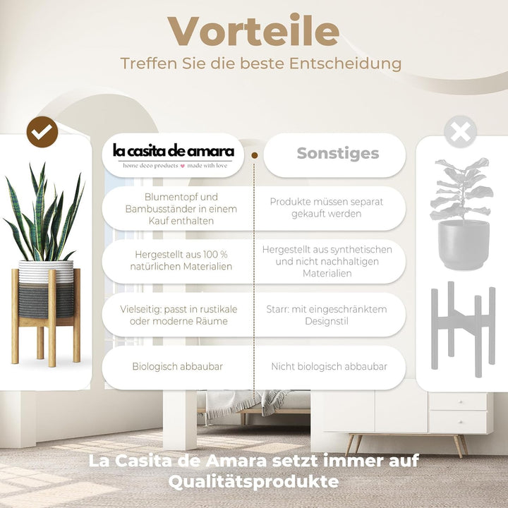 AMARA DECO - Set Textil-Blumentopf + Bambus-Pflanzenständer für Künstliche Pflanzen oder Natürliche