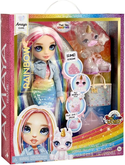 Rainbow High Modepuppe mit Schleim & Haustier - Amaya (Regenbogenfarben) - 28 cm Schimmernde Puppe m