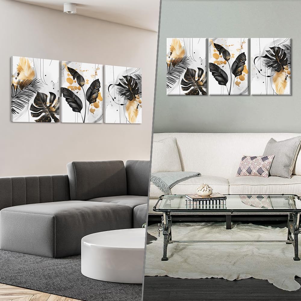 Piy Painting Modern Leinwand Wandbilder, Botanisch Blätter Leinwand Wandkunst, Schwarz Gold Weiss Ei