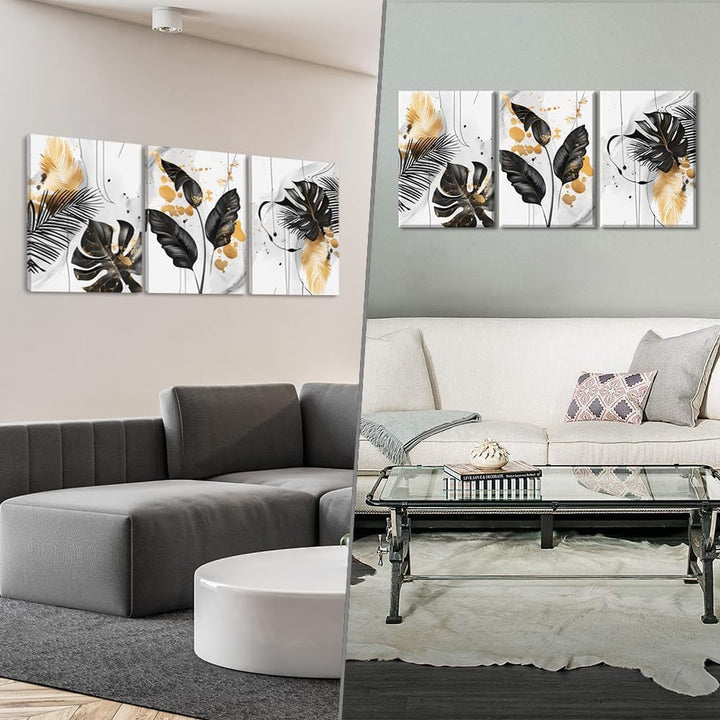 Piy Painting Modern Leinwand Wandbilder, Botanisch Blätter Leinwand Wandkunst, Schwarz Gold Weiss Ei