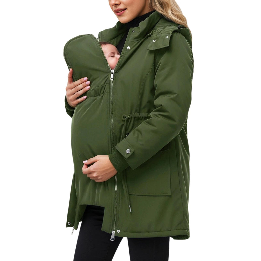 Generisch Umstands Baumwolljacke 3 in 1 Winter Langer Umstandsjacke mit Kapuze und Babyeinsatz Wasse