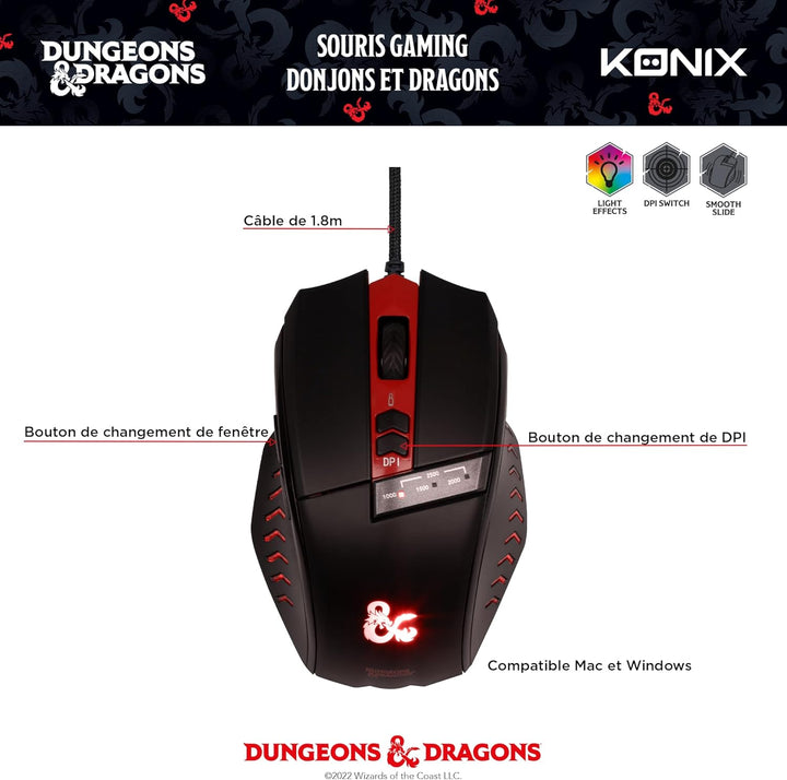 Konix Dungeons &amp; Dragons Gaming-Maus für PC - 6 Tasten - 1,8 m Kabel - USB-Anschluss - Schwarz und R