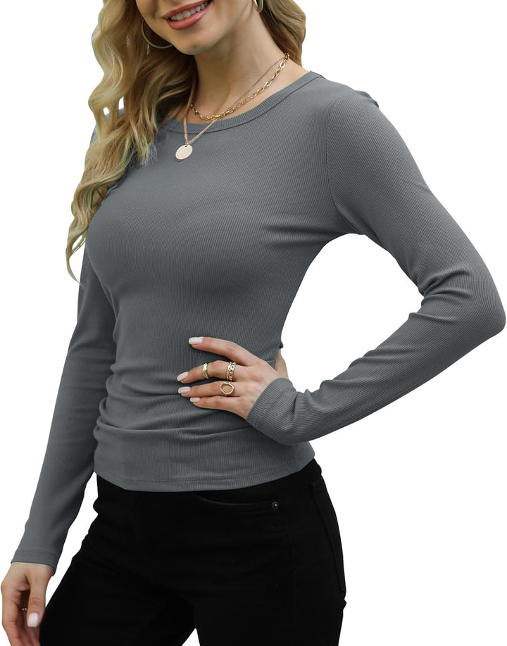DUOEASE Langarmshirt Damen Rundhal Pullover Elegant Langarm Oberteile Rippshirt Tshirts Basic Tops D