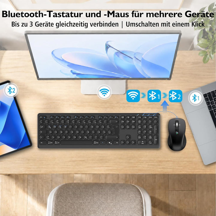M9300 Kabelloses Tastatur Maus Combo, 2-in-1 USB Empfänger und Zwei Bluetooth, 18-Monate Batterielau