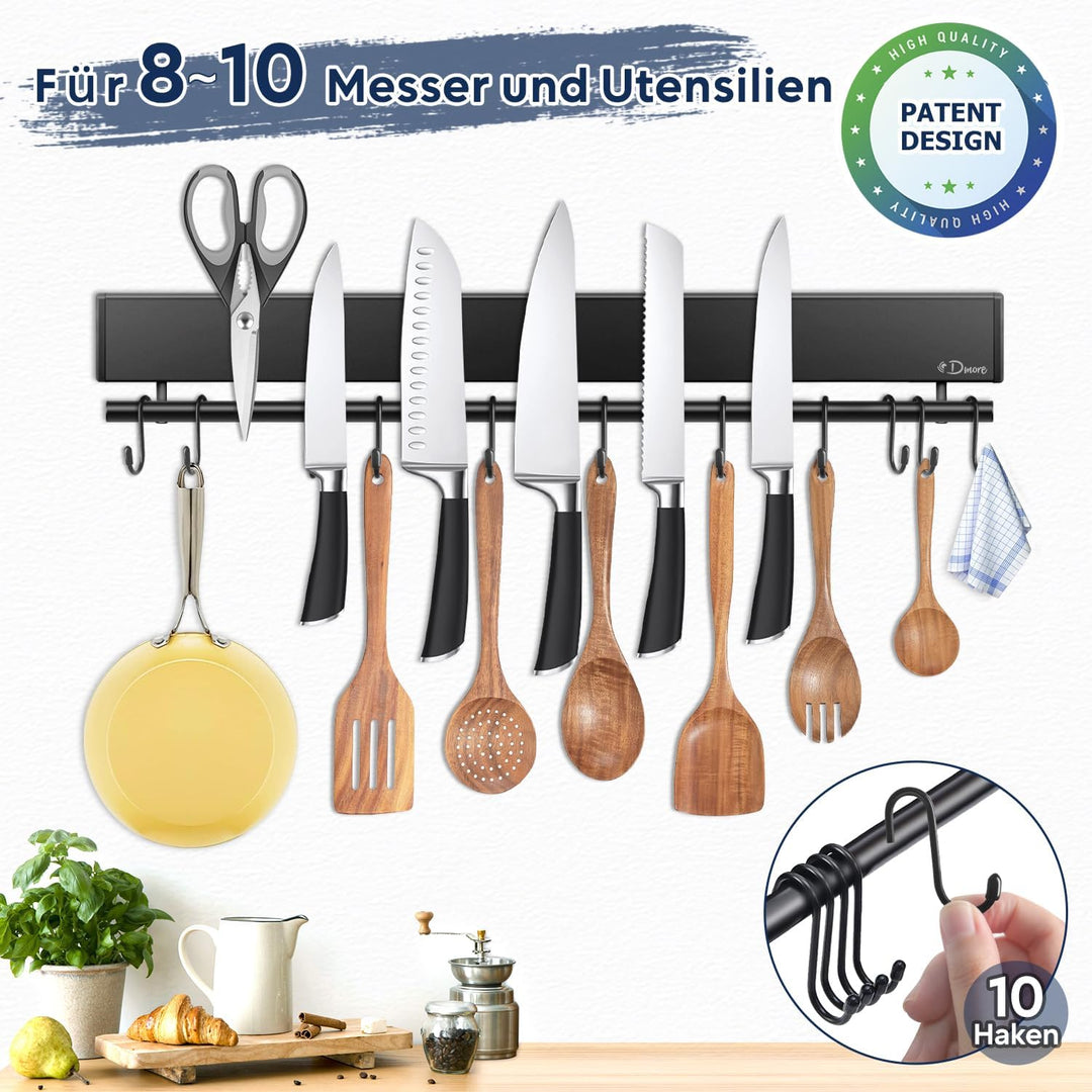 Dmore Magnetleiste Messer mit 10 Haken, 50 cm Messerhalter magnetisch schwarz mit Hakenleiste, extre