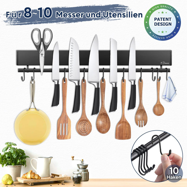 Dmore Magnetleiste Messer mit 10 Haken, 50 cm Messerhalter magnetisch schwarz mit Hakenleiste, extre