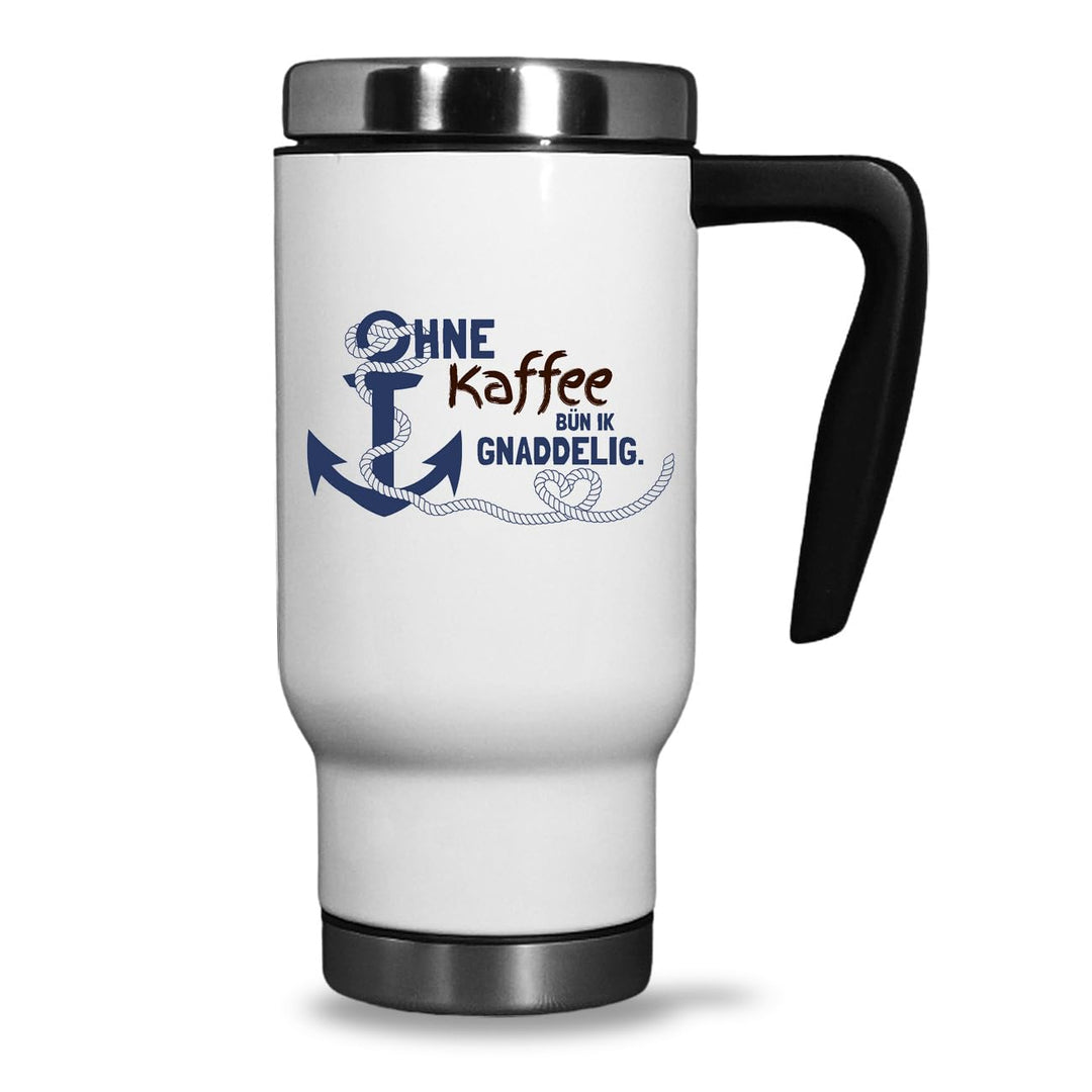 Maritimer Thermobecher To Go 'Ohne Kaffee bün ik Gnaddelig', 470ml – Isolierbecher mit Anker-Motiv u