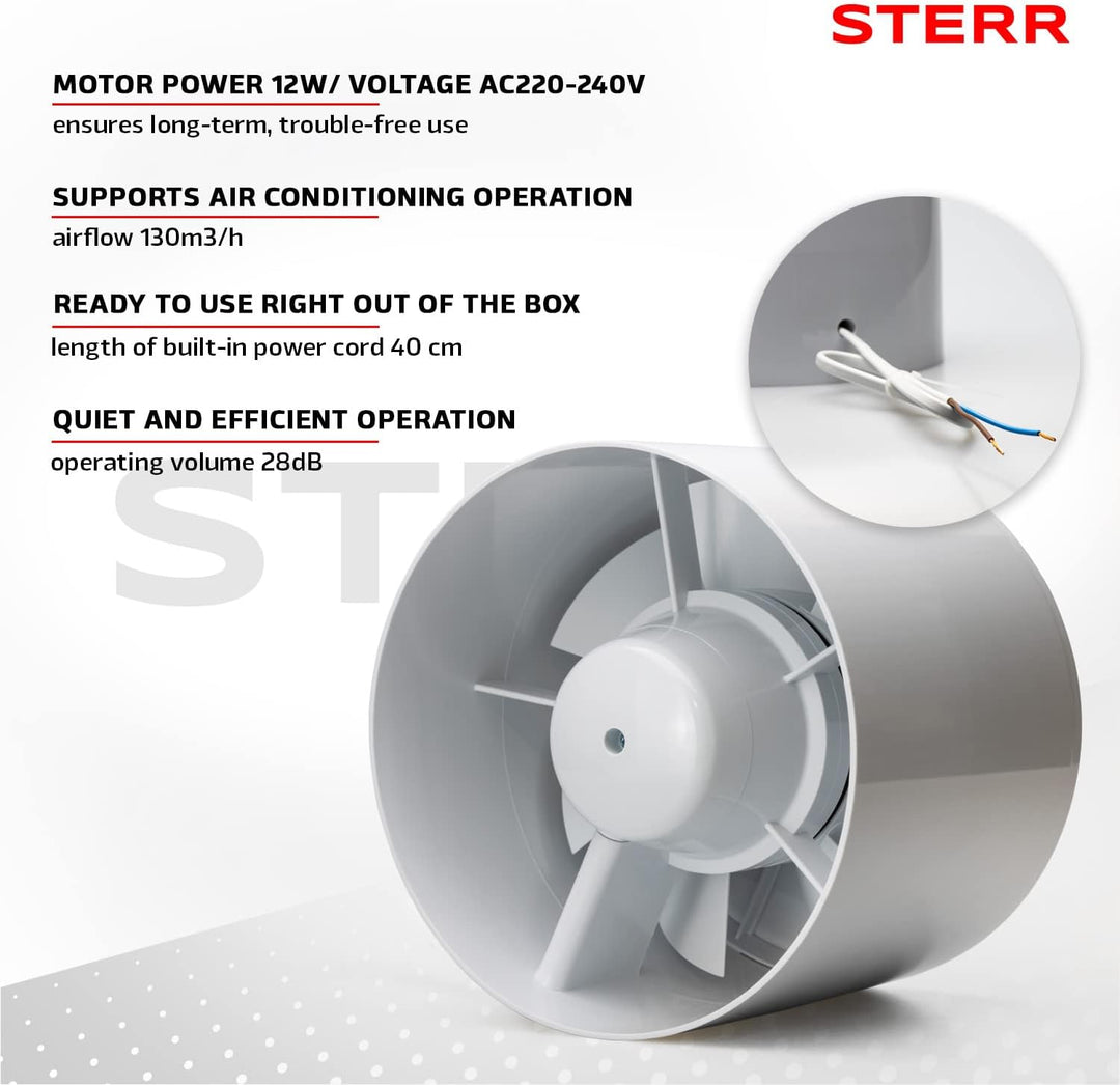 STERR IDM150S Schlanker Rohrventilator 150 mm - Rohrlüfter - Hohe Qualität - Leise - Für Bad WC - Kü