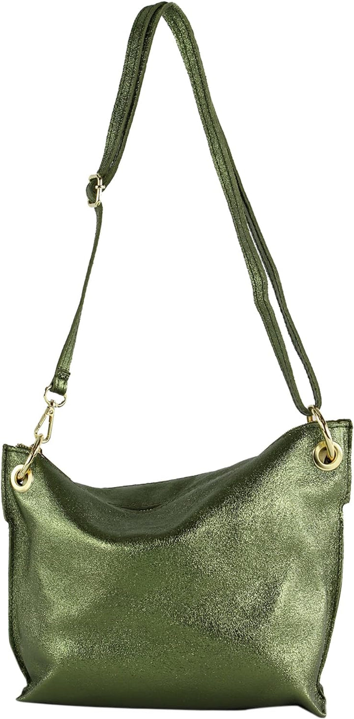 modamoda de - T243 - ital. Umhängetasche Klein Small aus Leder Olivgrün-metallic, Olivgrün-metallic