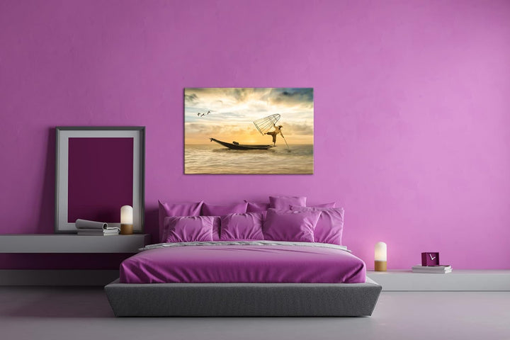 deyoli verspielter Fischer auf seinem Boot Format: 120x80 als Leinwandbild, Motiv fertig gerahmt auf