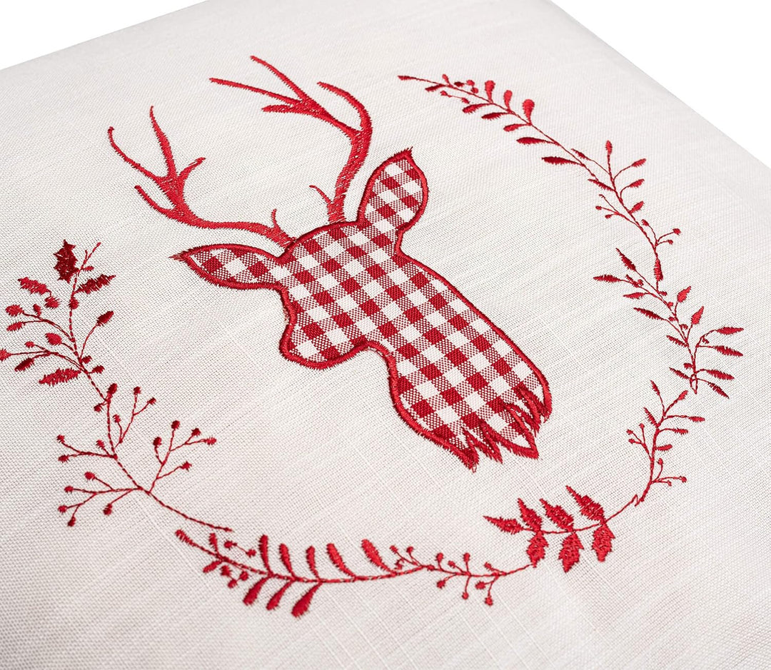 Zirbenkissen beige rot bestickt mit Hirsch Grösse 40x40 cm befüllt mit Zirbenflocken aus Alpen Zirbe