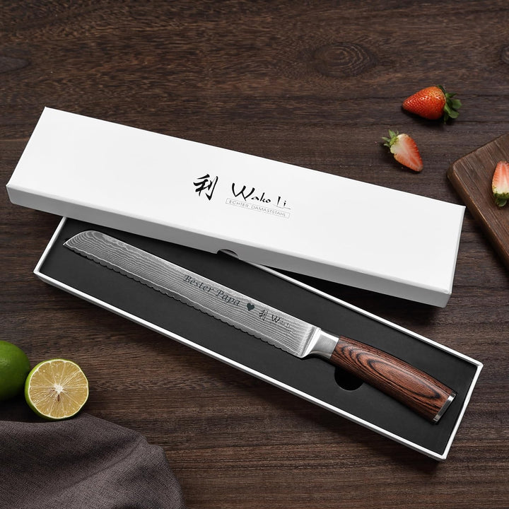 Wakoli EDIB Damast Brotmesser mit Gravur – Personalisiertes Brotmesser, 23cm Wellenschliff-Klinge au