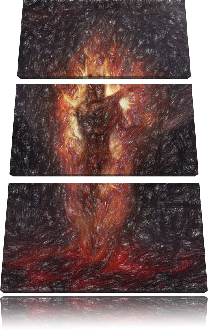 Pixxprint Verdunkelter Dämon des Feuers Kunst Buntstift Effekt 3-Teiler Leinwandbild 120x80 Bild auf