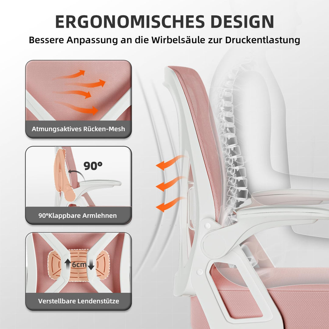 Airchros Bürostuhl, Schreibtischstuhl Bürostuhl Ergonomisch mit Einstellbarer Lendenstütze, Hochklap
