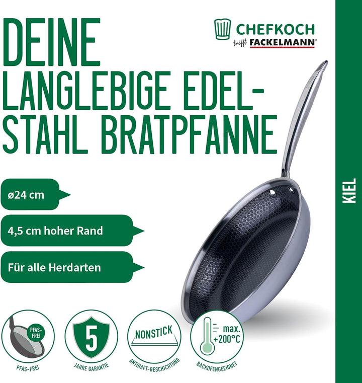FACKELMANN Chefkoch trifft Antihaftpfanne – Ø24 cm Premium Bratpfanne aus Edelstahl mit keramischer