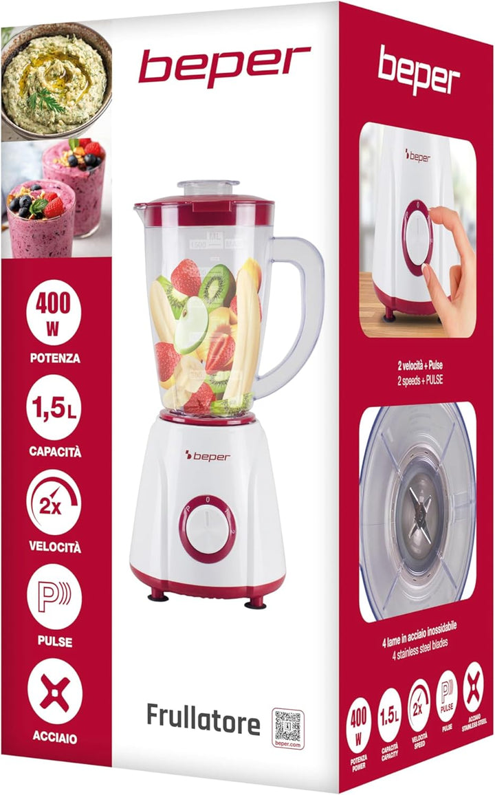 BEPER P102FRU501 Tischmixer 1,5 l – 400 W, 4 Klingen aus Edelstahl, 2 Geschwindigkeiten + Pulsfunkti