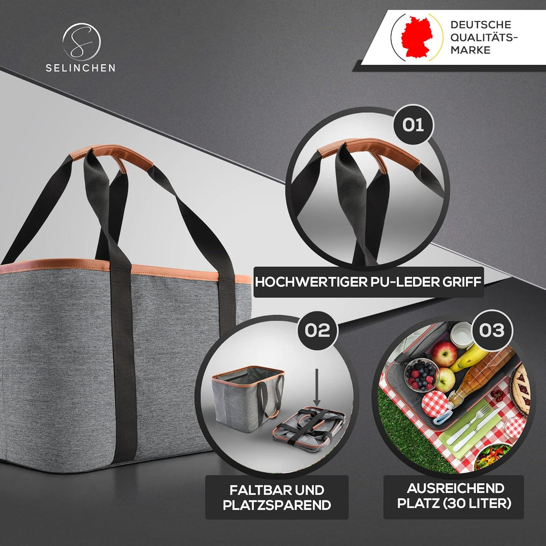 Selinchen® - Premium Einkaufskorb | Hochwertige Einkaufstasche faltbar und mit PU-Ledergriff | Ideal