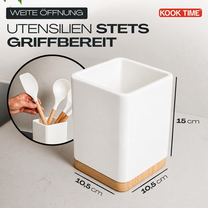 KOOK TIME Küchenutensilienhalter - Utensilienhalter küche aus keramik und Bambus - Quadratischer küc