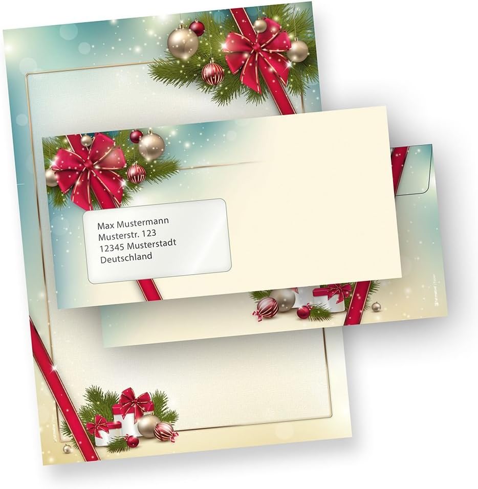 Briefpapier Weihnachten Set ROTE SCHLEIFE (100 Sets mit Fenster) Weihnachtsbriefpapier mit Umschlag,